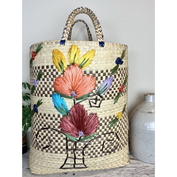 Vintage 1980’s Large Straw Raffia Floral Print Palm Beach Tote / Island / Cruise - Picture 5 of 11